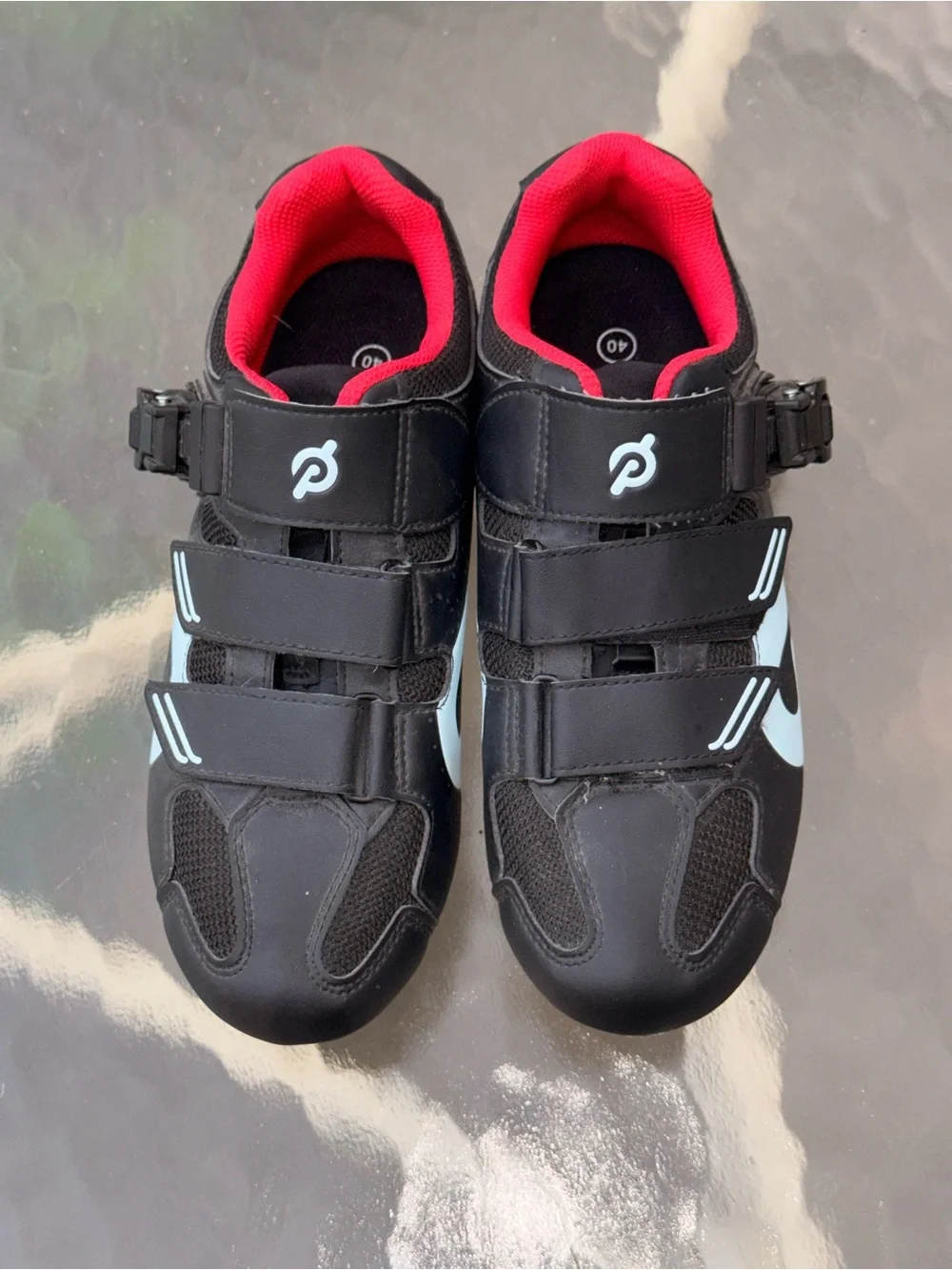 Peloton Kids Black Shoes with Red Lining and Light Blue Accent